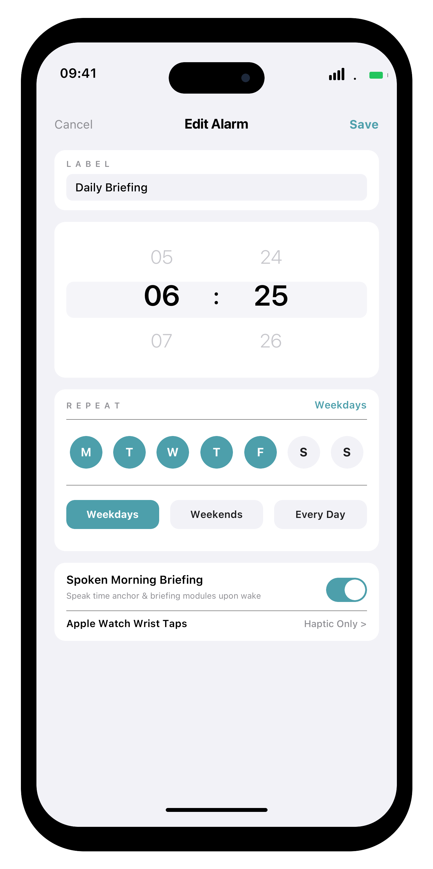 TalkClok iOS Alarm Configuration screen showing time picker wheel set to 6:25 AM with tactile weekday repeat selectors and custom routine label
