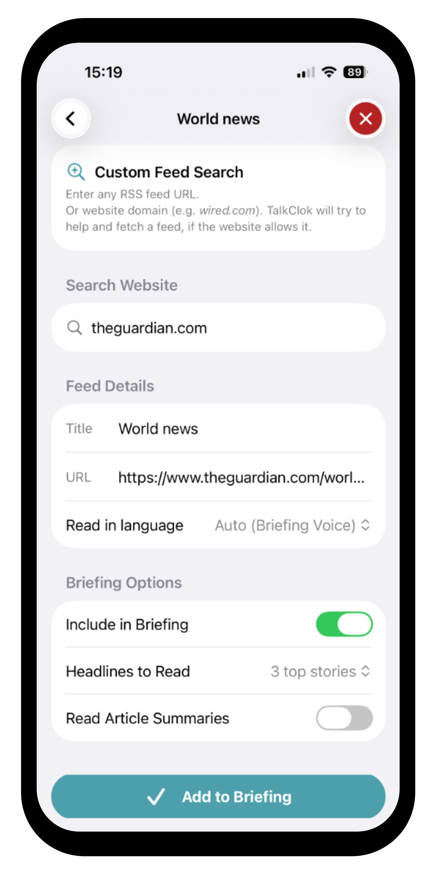 TalkClok Custom Feed interface showing automated RSS discovery for The Guardian (theguardian.com) World News with language and headline controls