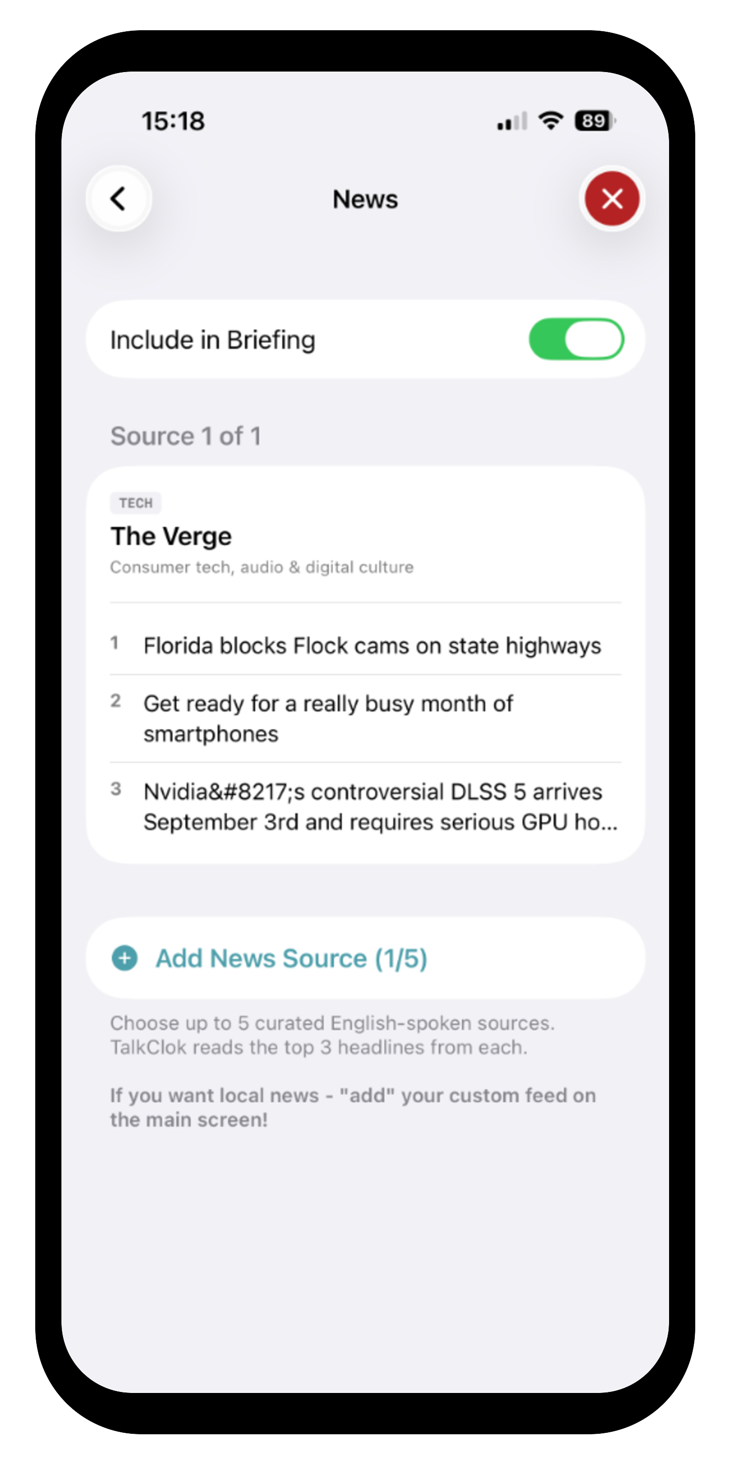 TalkClok News setup screen displaying live fetched headlines from The Verge including recent tech stories