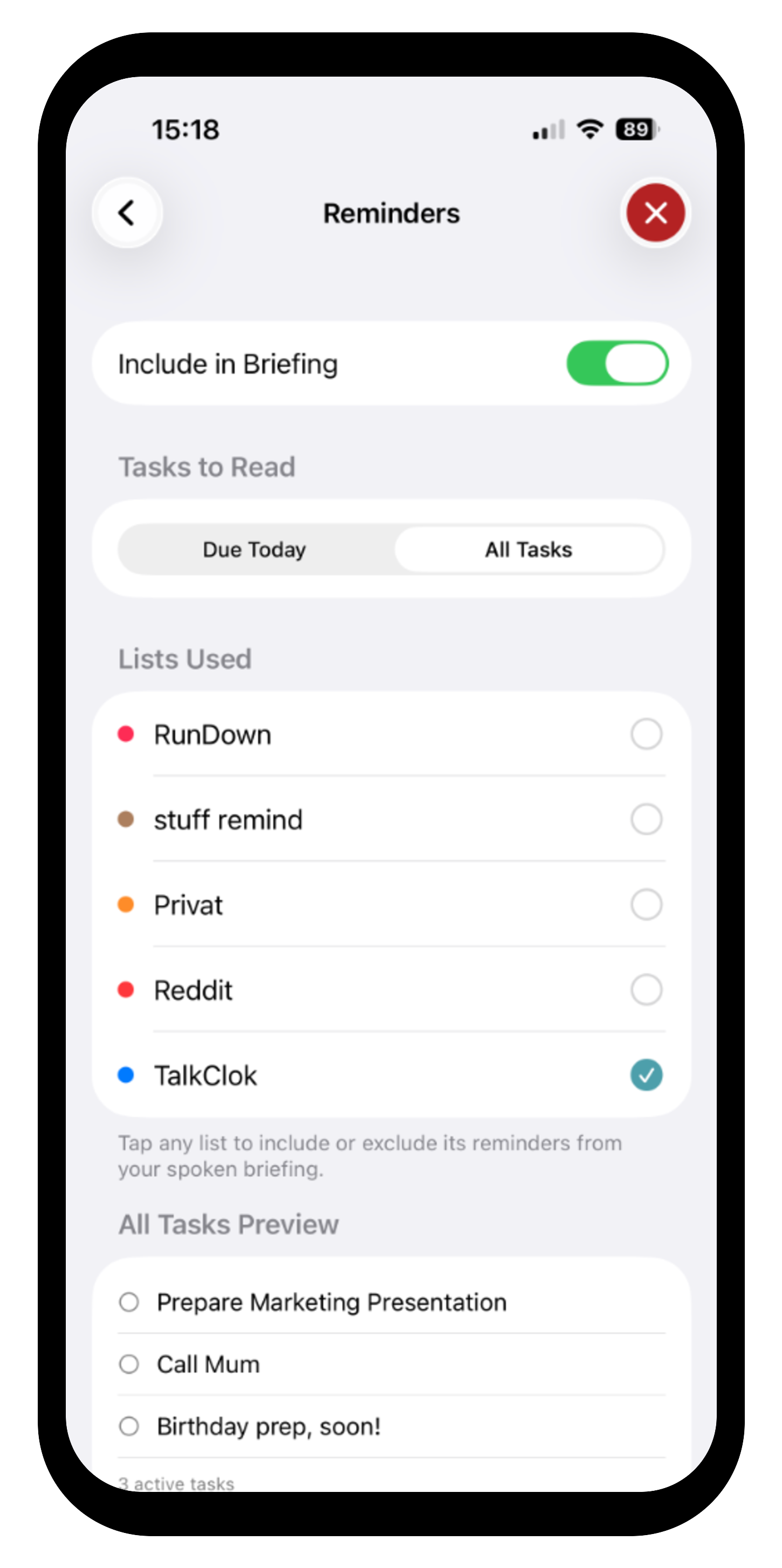 TalkClok Reminders configuration screen showing iCloud list filters with TalkClok list selected and a live preview of 3 active tasks