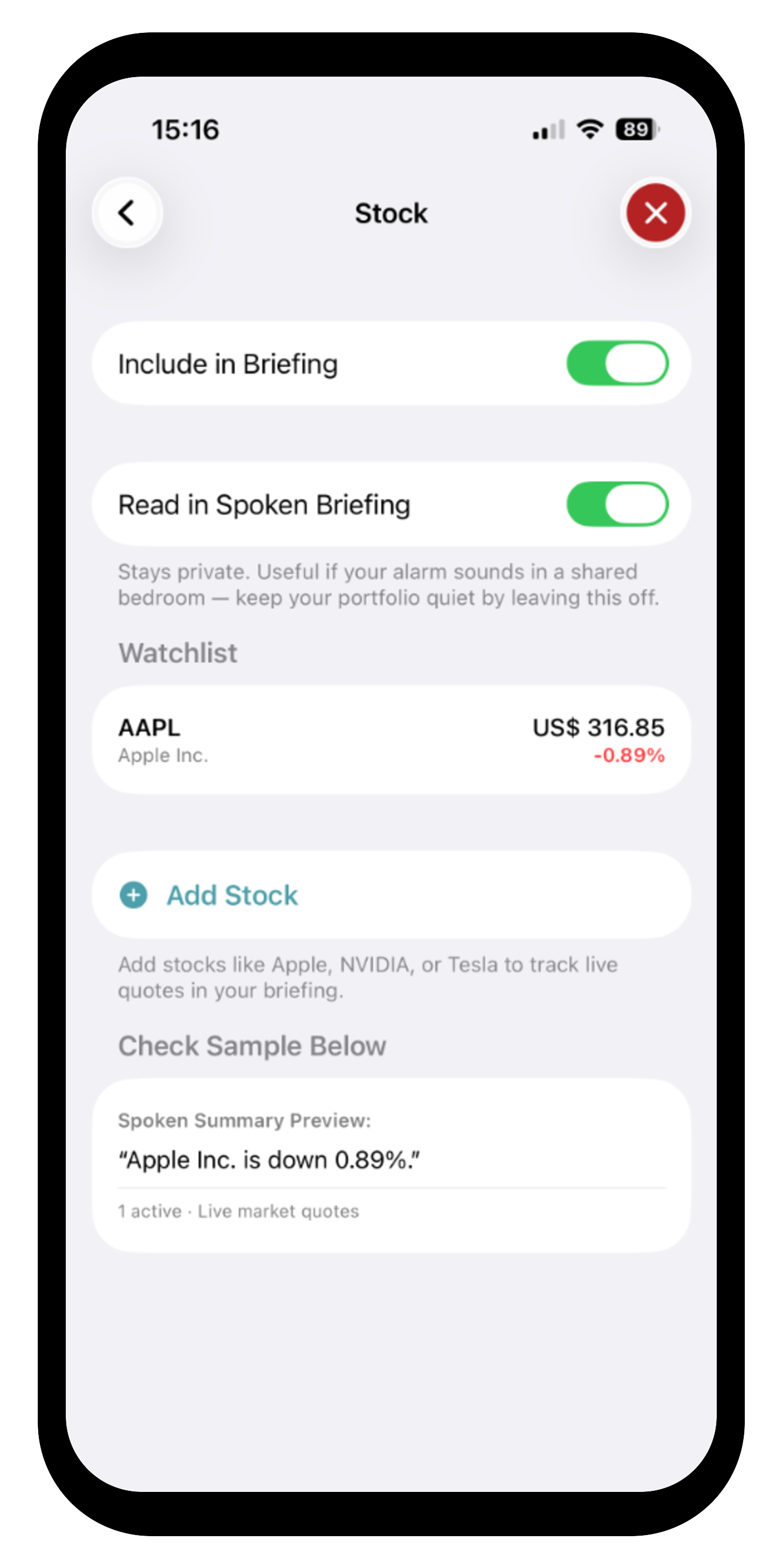 TalkClok Stocks Watchlist interface showing live quote for Apple (AAPL at US$ 316.85, down 0.89%) and spoken summary preview