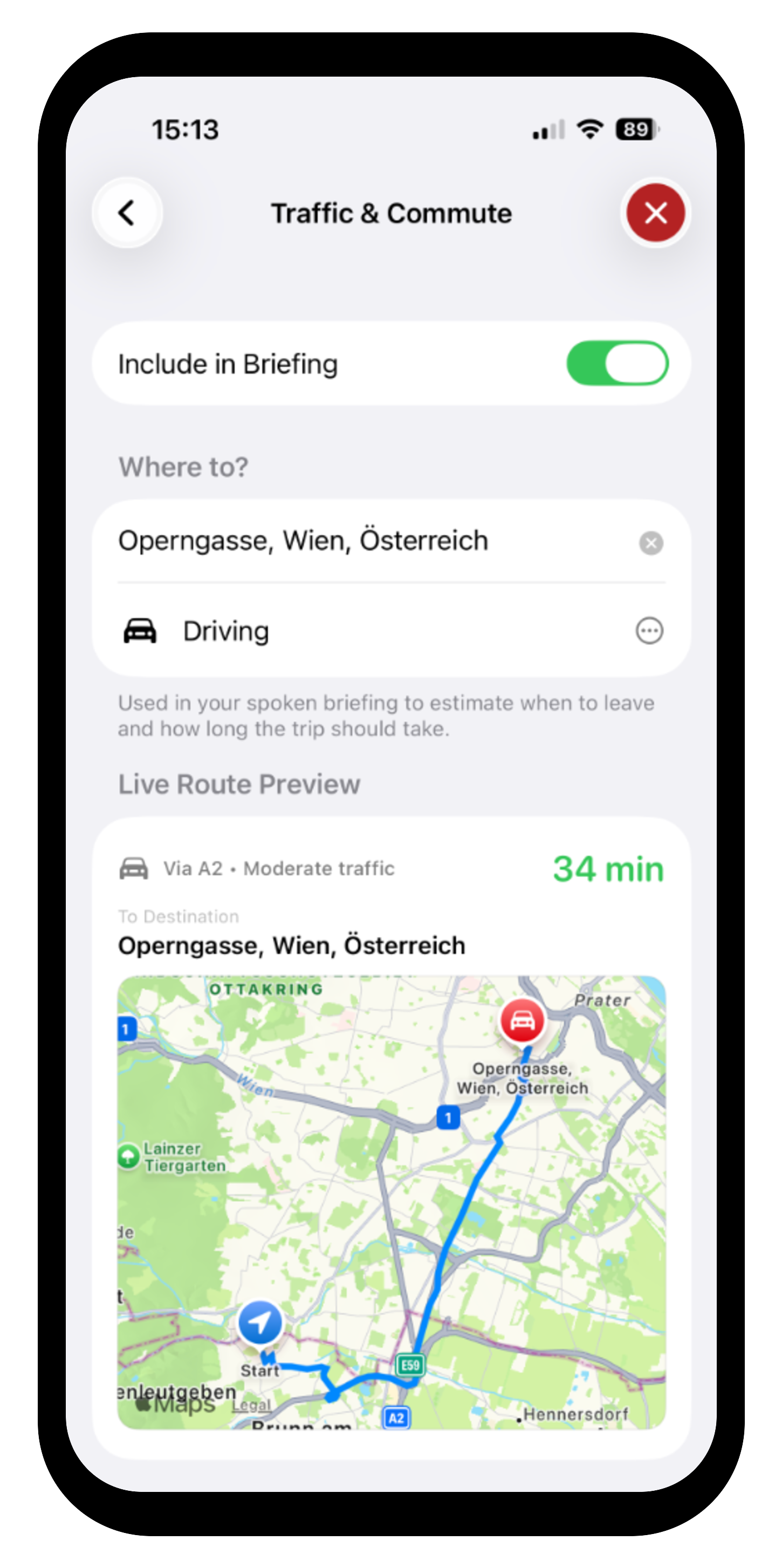 TalkClok Traffic & Commute screen showing live Apple Maps route calculation to Operngasse, Vienna via A2 with a 34-minute travel time and moderate traffic