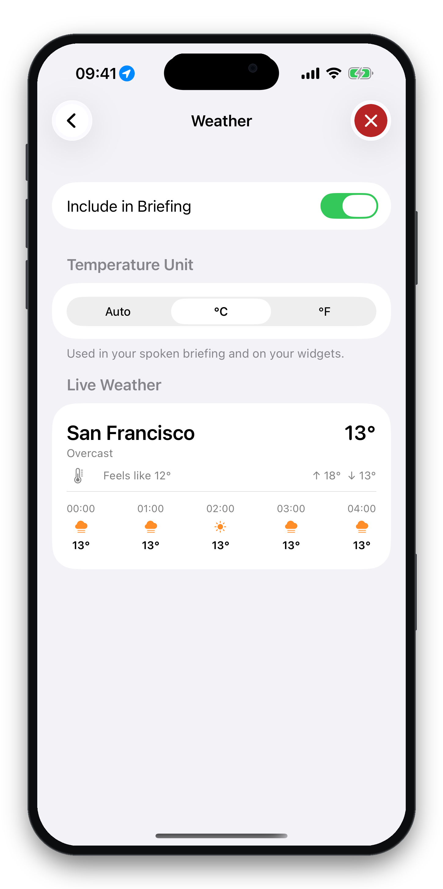 TalkClok Weather Module configuration interface displaying real-time temperature, precipitation forecasts, and spoken advice options